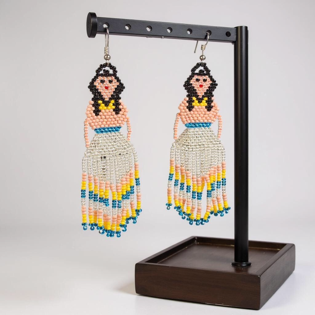 Boucles d'oreilles de danseuse jupe ruban perlée bleu argenté