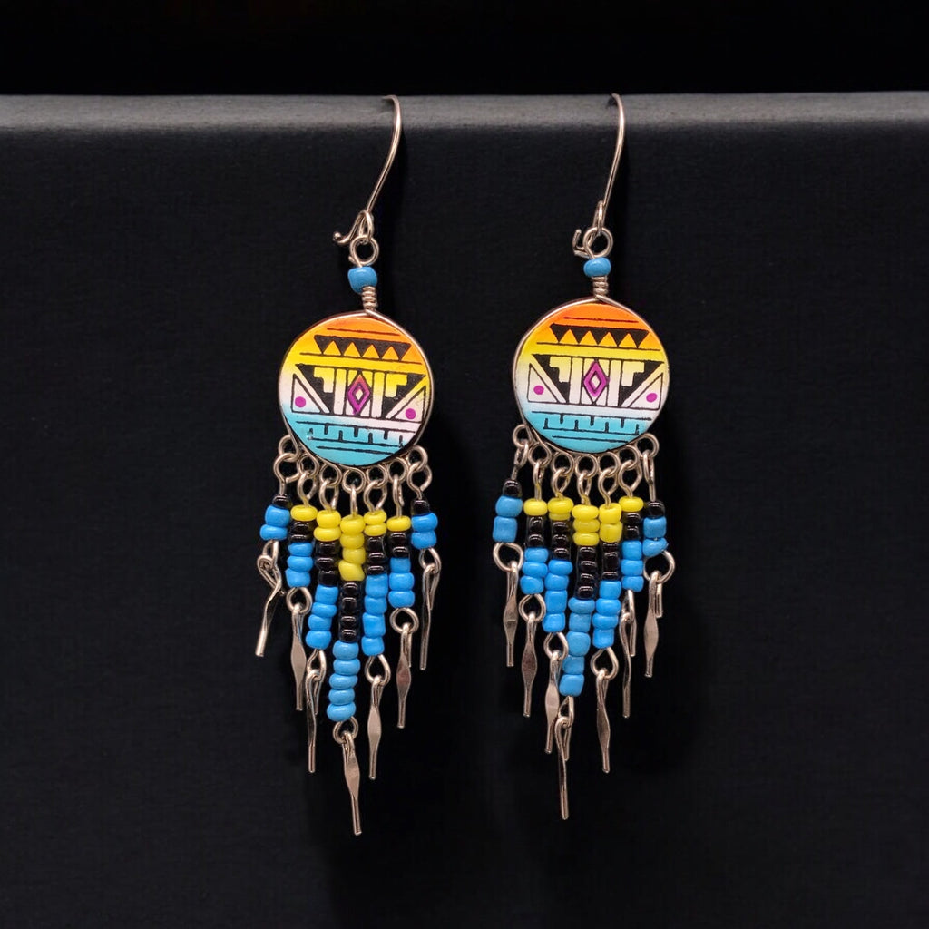 Boucles d'oreilles pendantes rondes de style sud-ouest jaune et turquoise