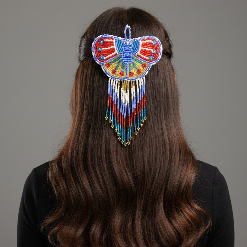 Barrettes Papillons Perles avec Franges Rouge et Violet
