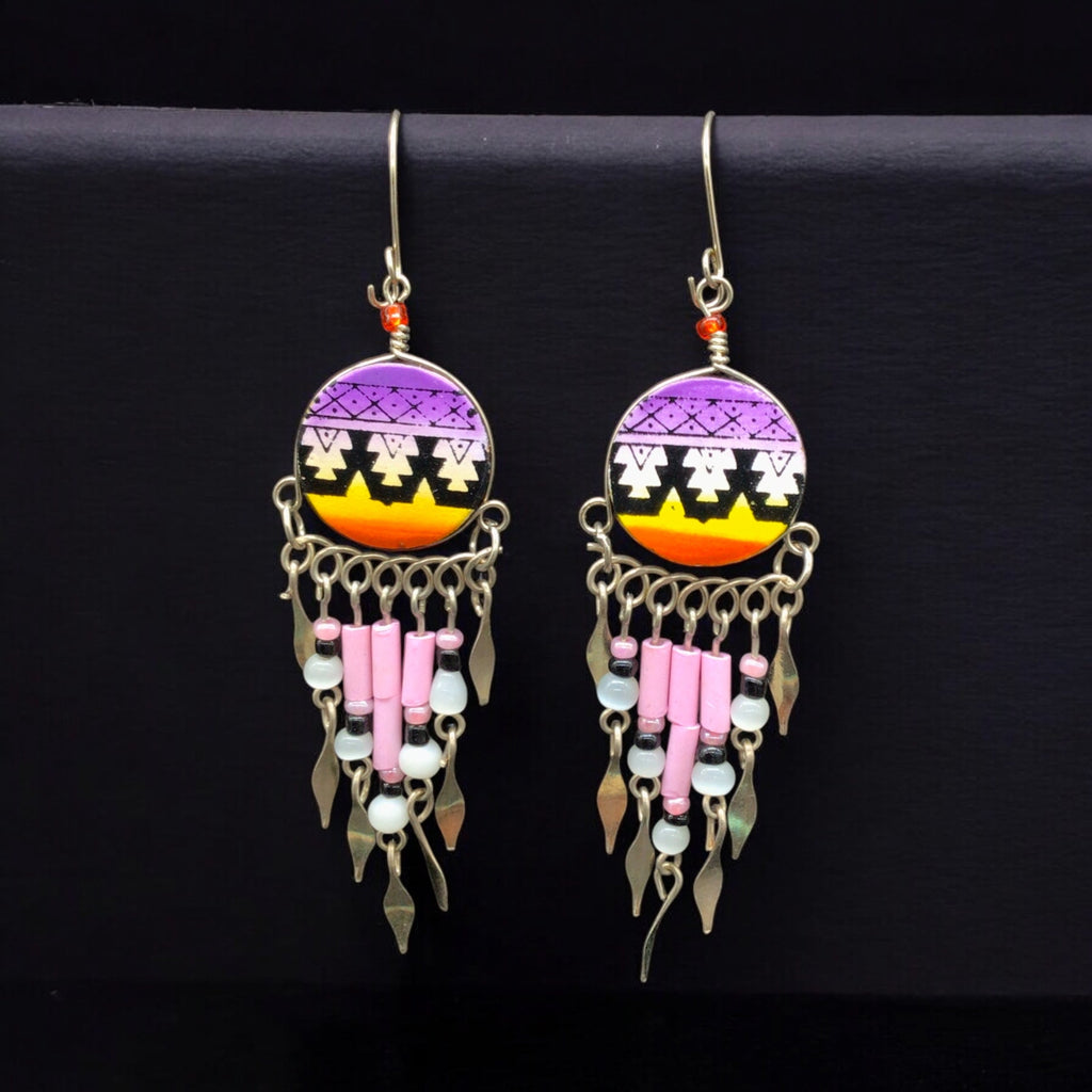 Boucles d'oreilles pendantes rondes de style sud-ouest violettes et jaunes