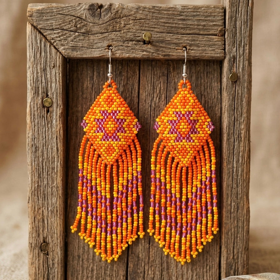 Fringe Bead Drop Earrings (Orange)