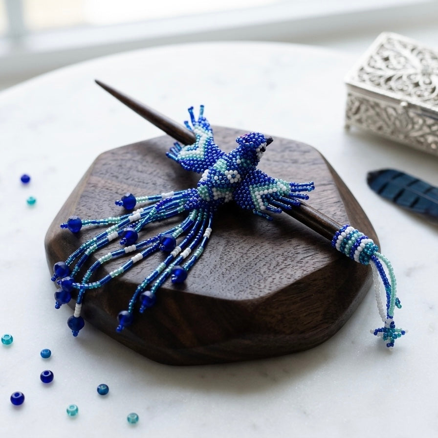 Pique à cheveux orné d'un colibri bleu roi
