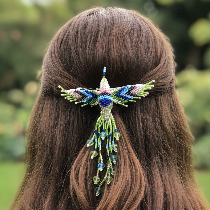 Barrette colibri verte et bleue avec des franges