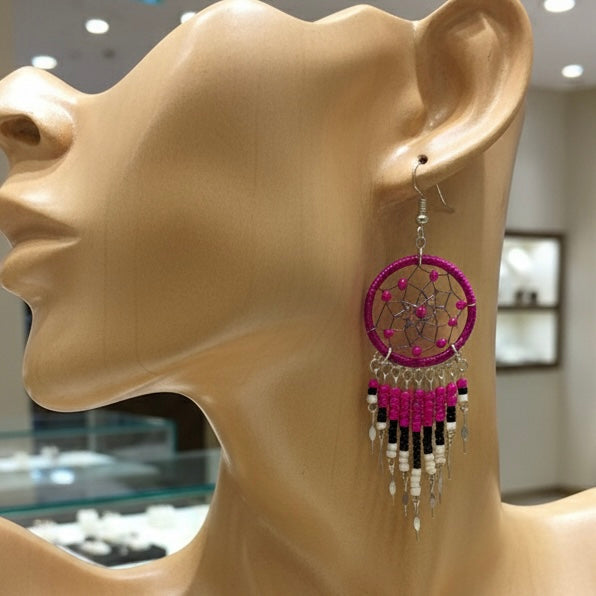 Boucles d'oreilles pendantes attrape-rêves fuchsia et noir