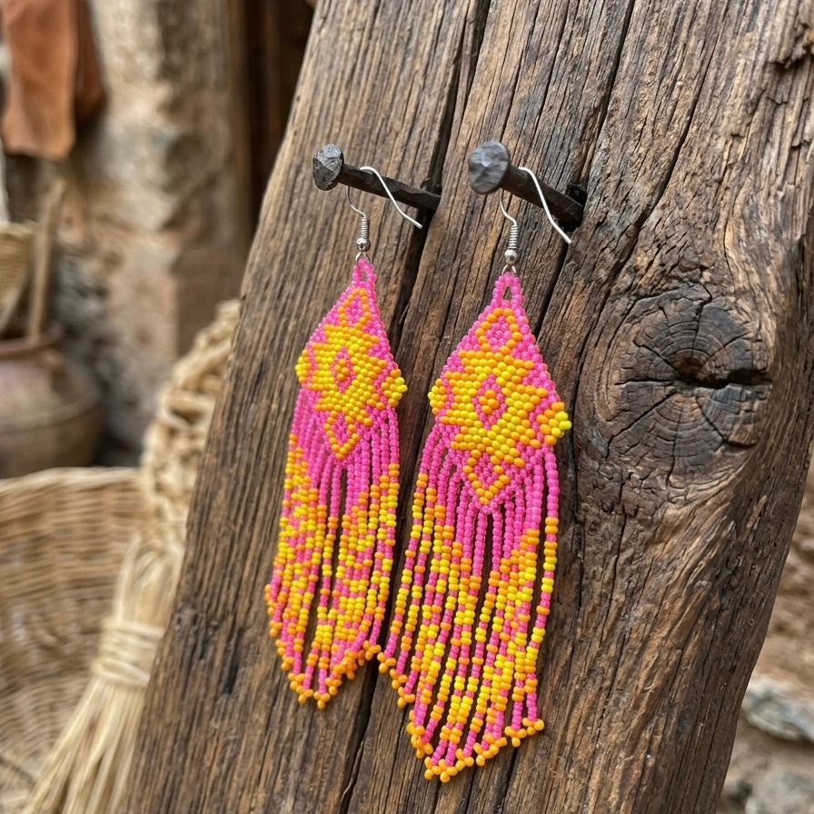 Boucles d'oreilles pendantes à franges perlées (rose)
