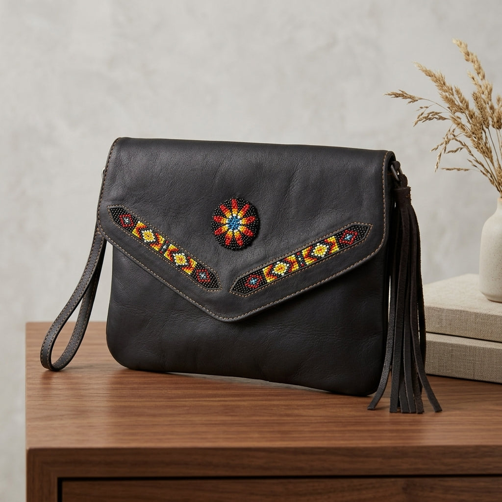 Sac bandoulière en cuir avec perles (marron chocolat)