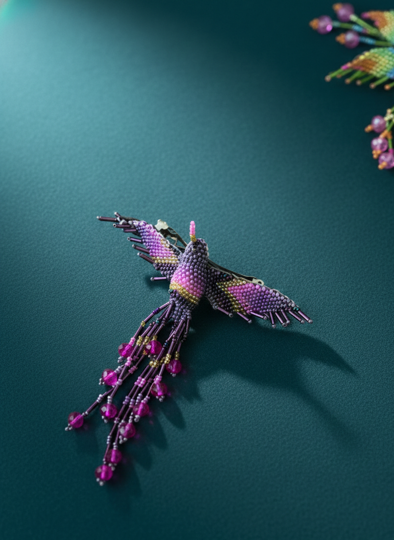 Barrette colibri violet jaune rose avec franges