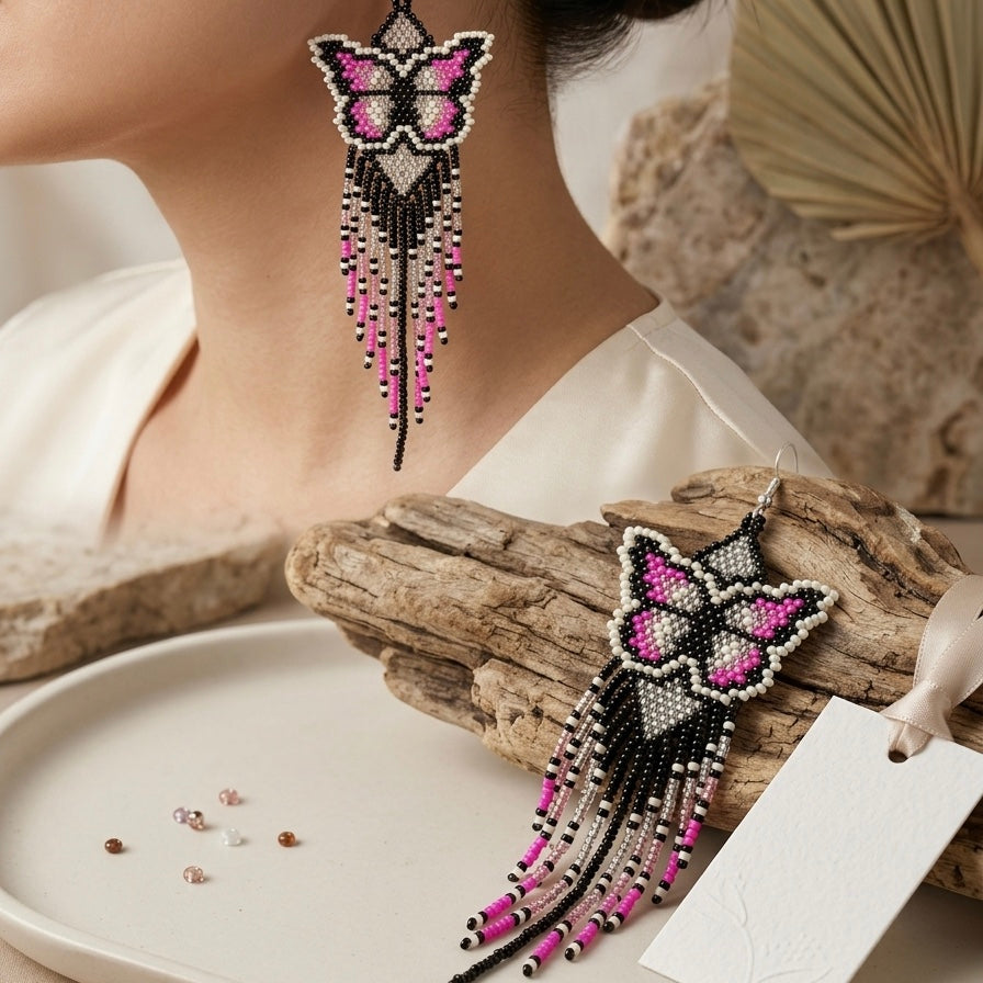 Boucles d'oreilles Ailes dansantes perles roses / violettes