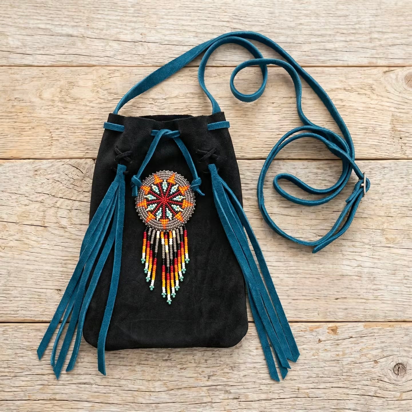 Beaded Suede Phone Pouch ~ Black turquoise