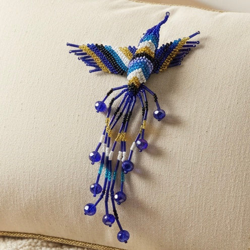 Barrette colibri bleu foncé, blanc et noir avec franges