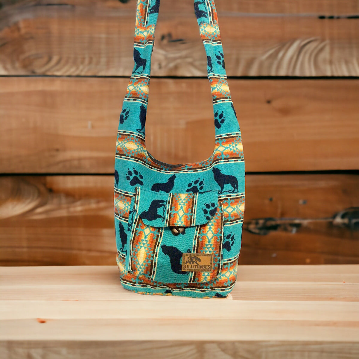 Sac bandoulière OLDTRIBES™ loup turquoise et orange noir