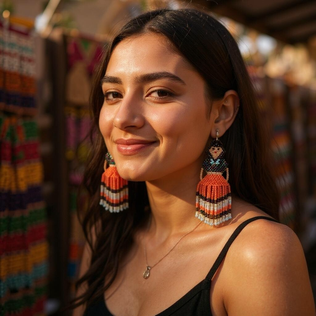 Boucles d'oreilles de danseuse jupe ruban perlées bleu orange