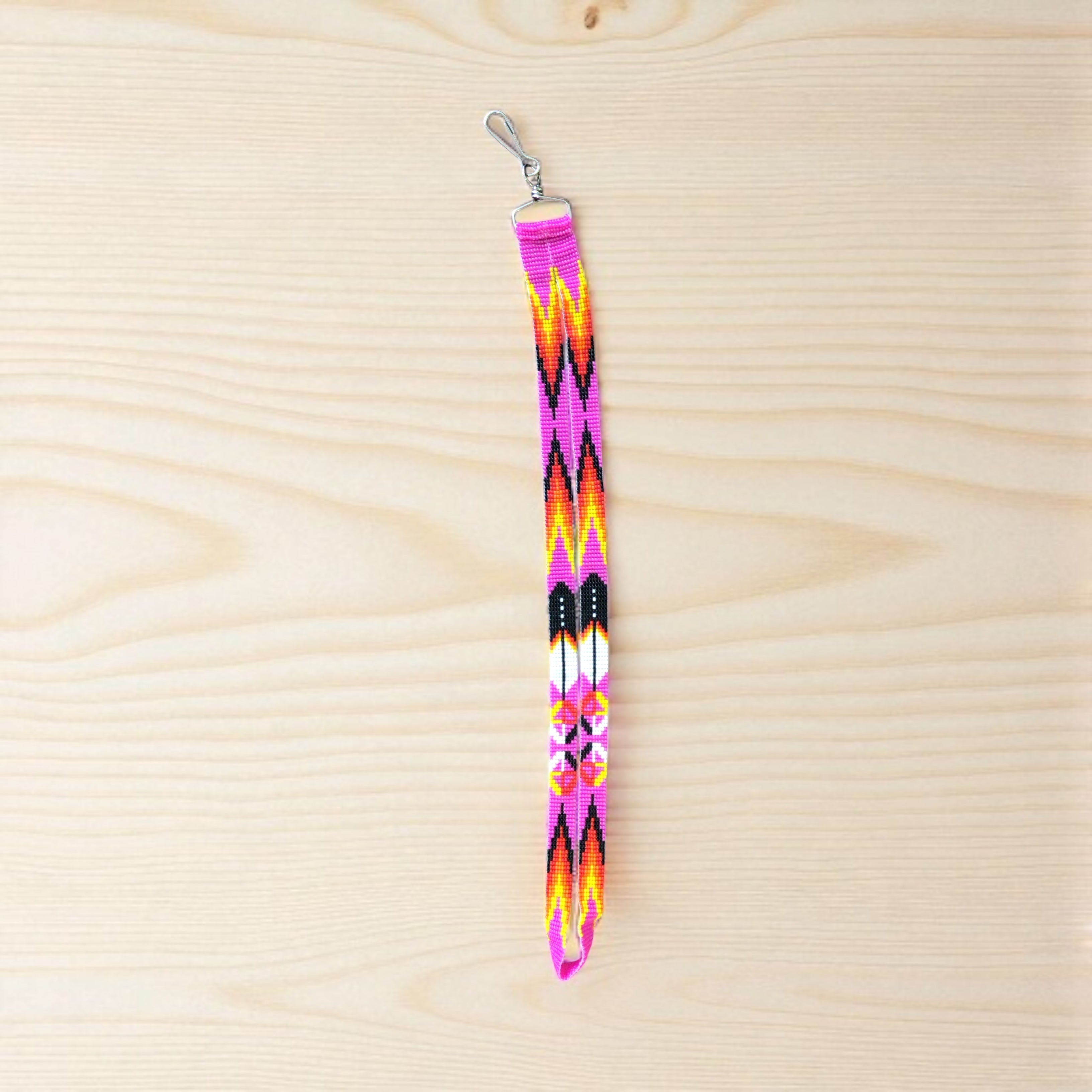 Pink feathers Native Beaded Lanyard