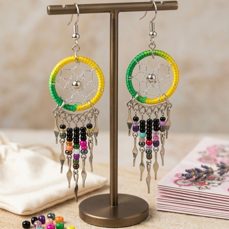 Boucles d'oreilles Attrape-rêves perlées jaune/vert