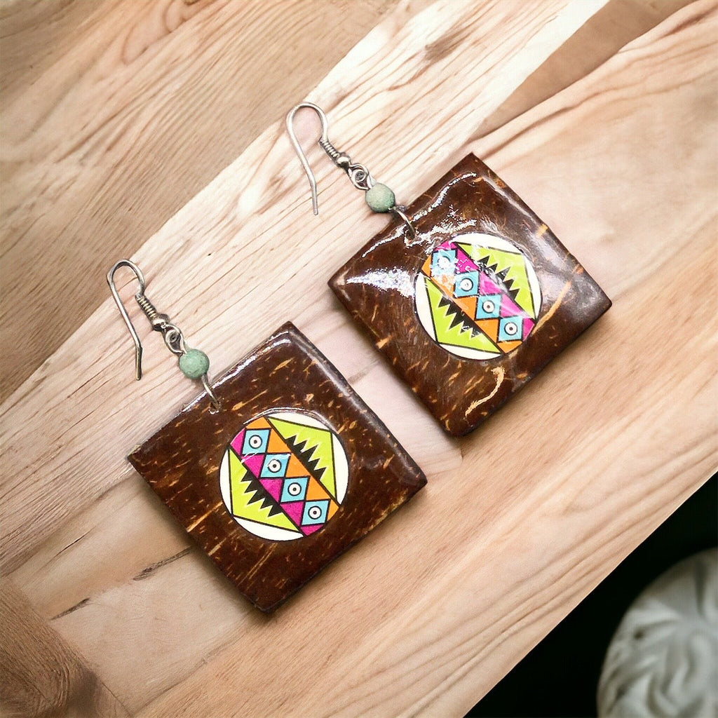 Boucles d'oreilles carrées vertes peintes en bois OLDTRIBES™
