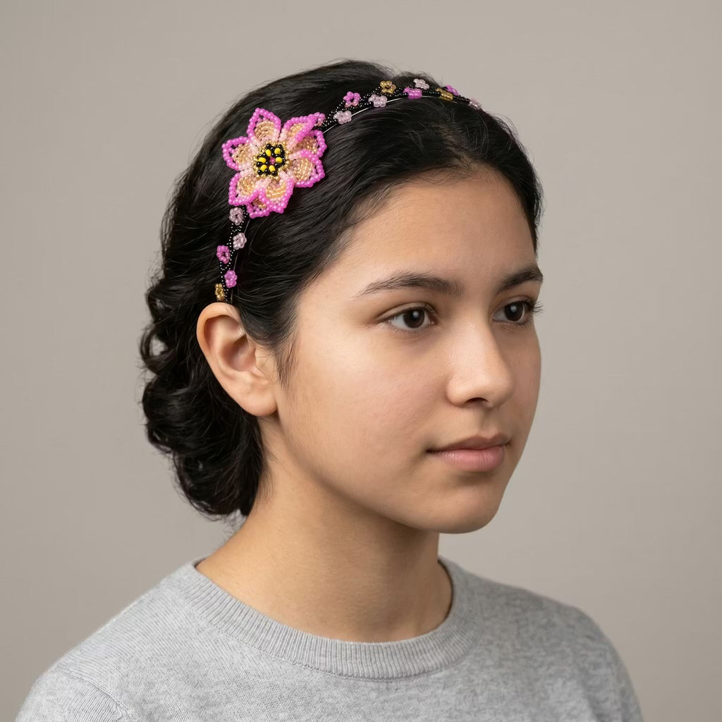Serre-tête perlé avec fleur rose