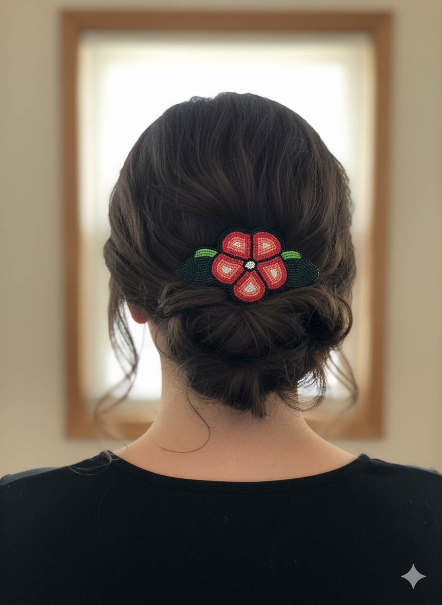 Barrette à fleurs perlée pêche