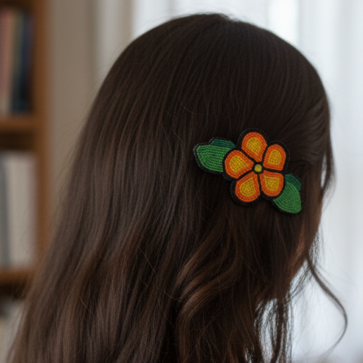Barrette Fleur Perles Orange et Jaune