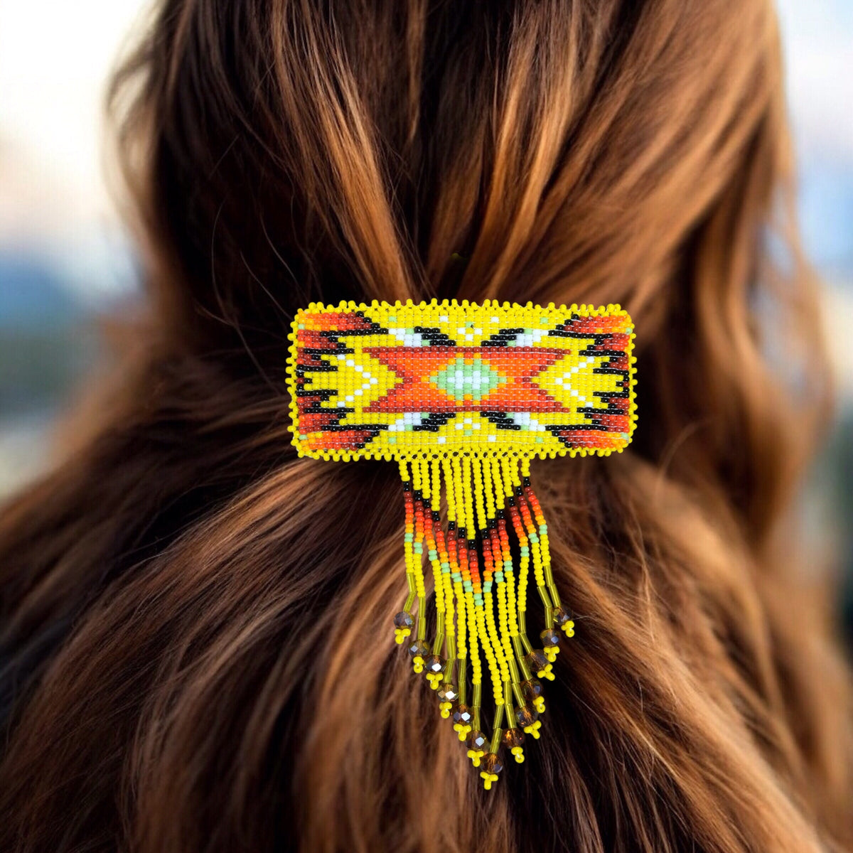 Barrette rectangulaire à franges - Jaune