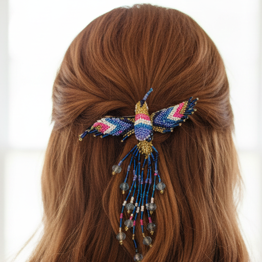 Barrette Colibri Or et Bleu à Franges