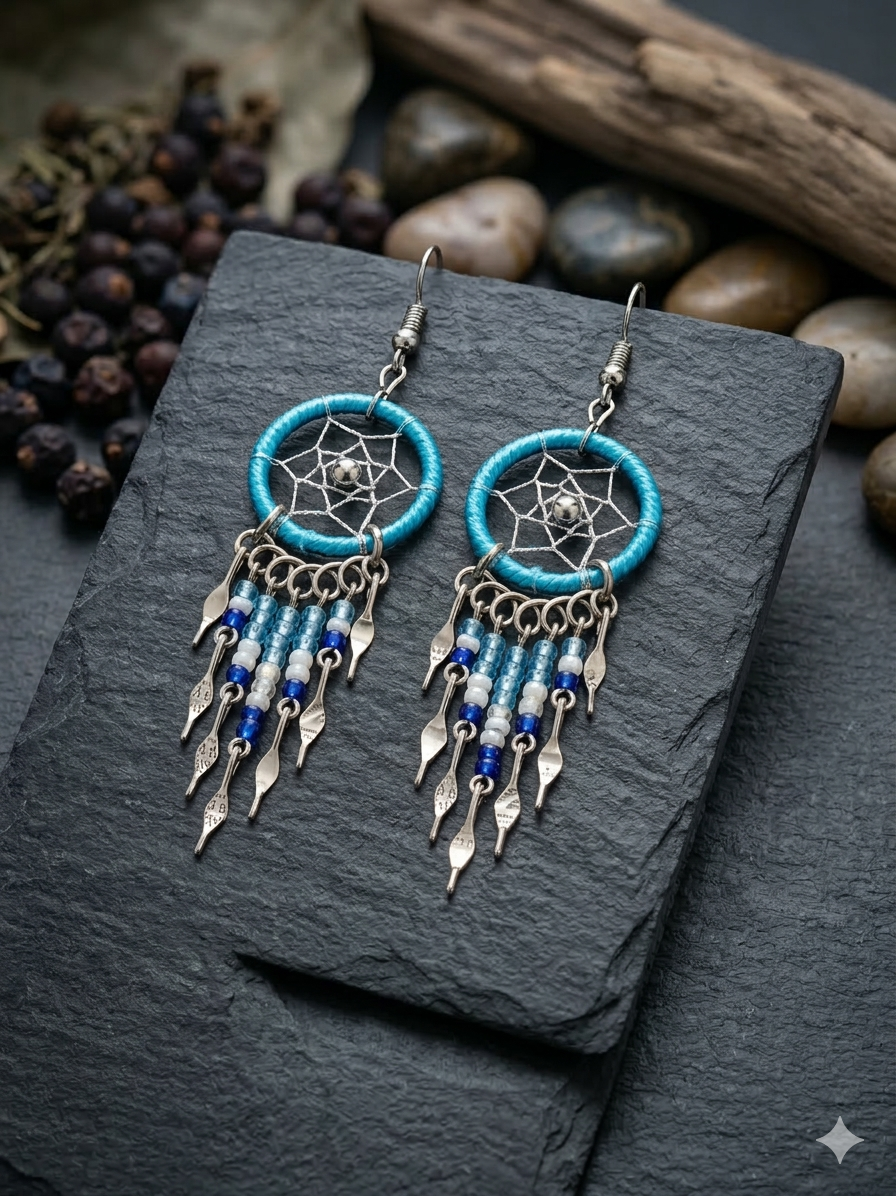 Boucles d'oreilles Attrape-rêves perlées bleues et blanches