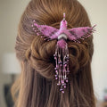 Barrette Colibri rose et grise à franges