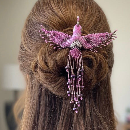 Barrette Colibri rose et grise à franges