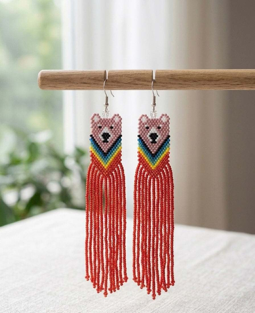 Boucles d'oreilles perlées Ours Natif Rose - Rouge