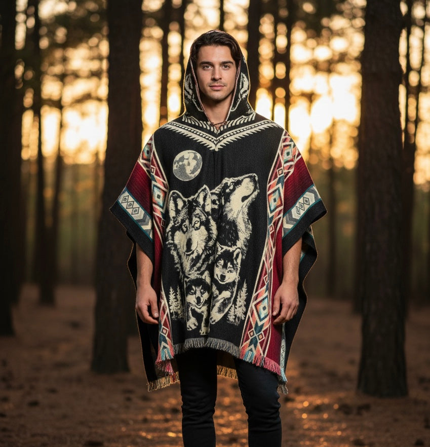 Poncho en laine fait main Loup avec louveteau