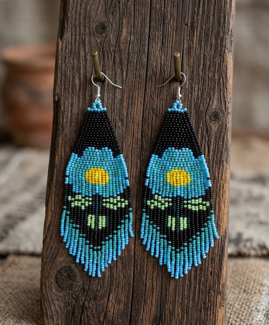 Boucles d'oreilles fleuries perlées (bleues)