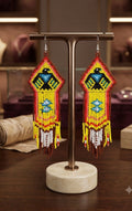 Beaded thunderbird earrings yellow / purple