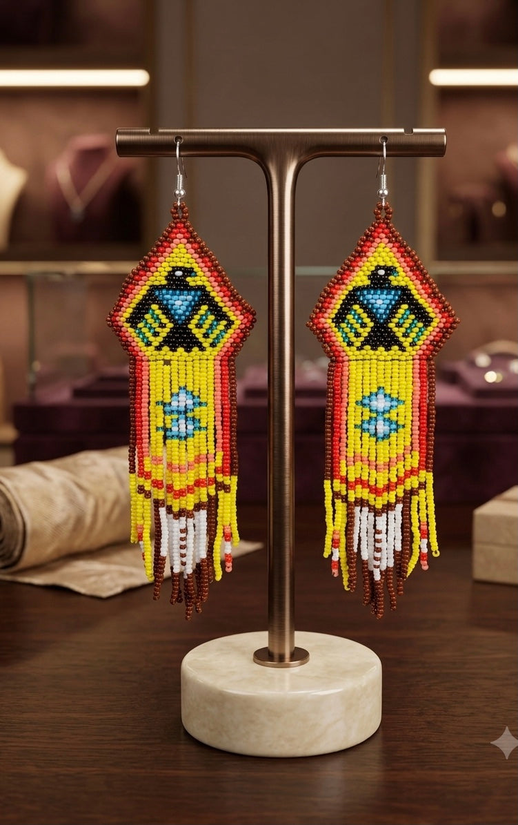 Beaded thunderbird earrings yellow / purple