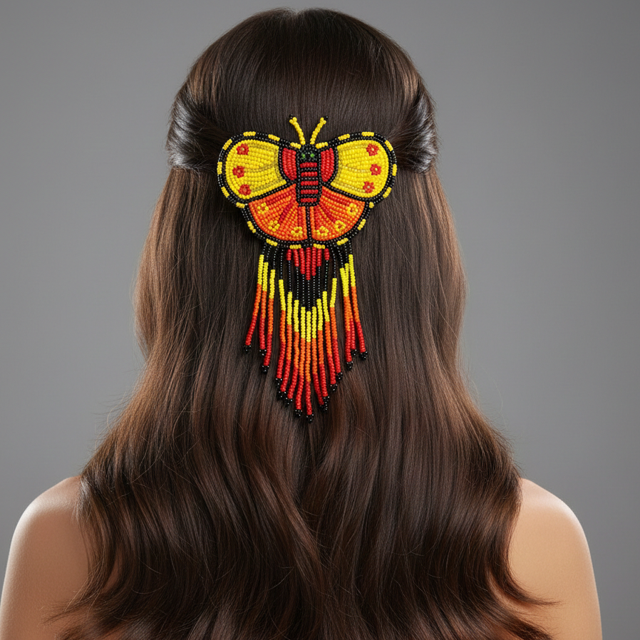 Barrettes perlées papillon avec franges jaunes et oranges