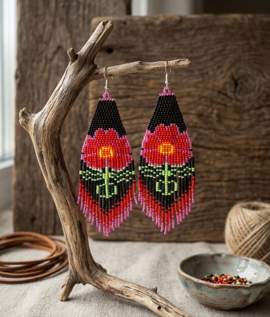 Boucles d'oreilles fleuries perlées (rouges)