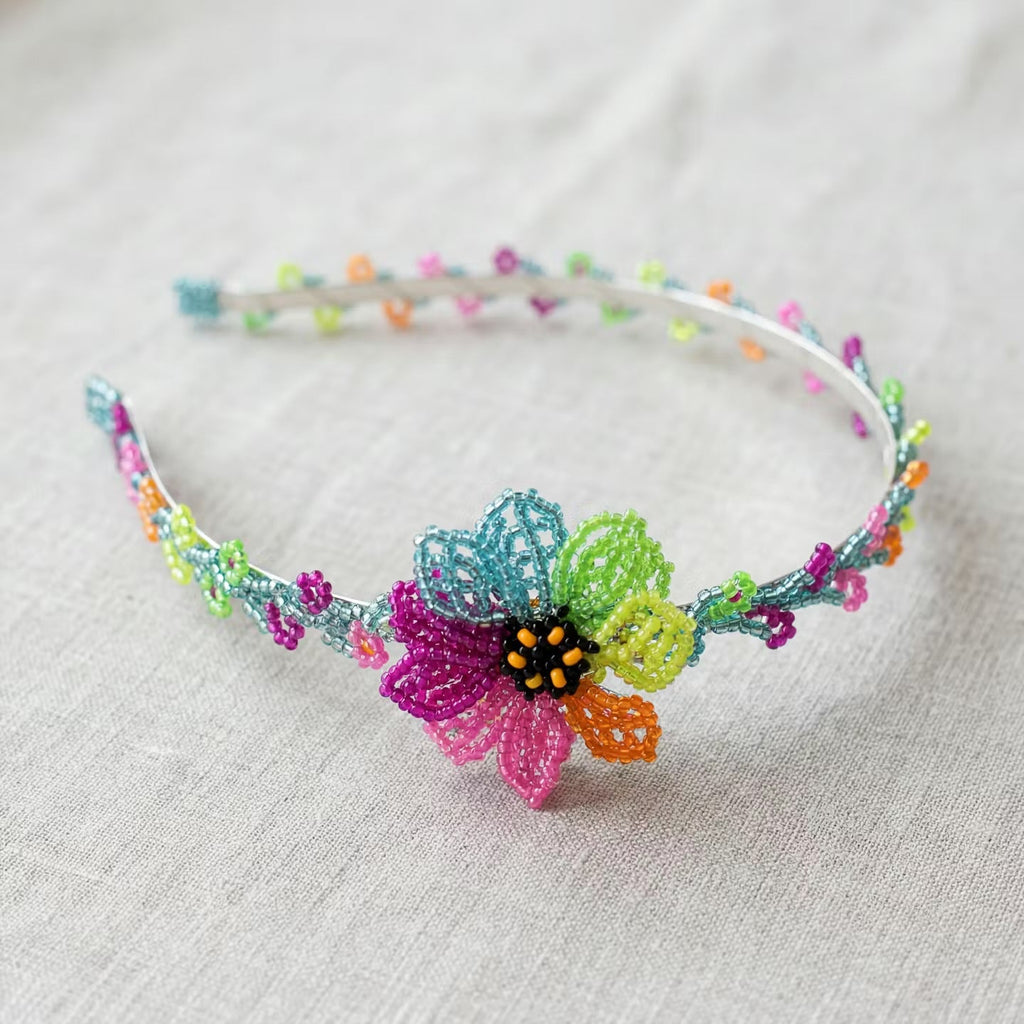 Serre-tête perlé avec fleur multicolore