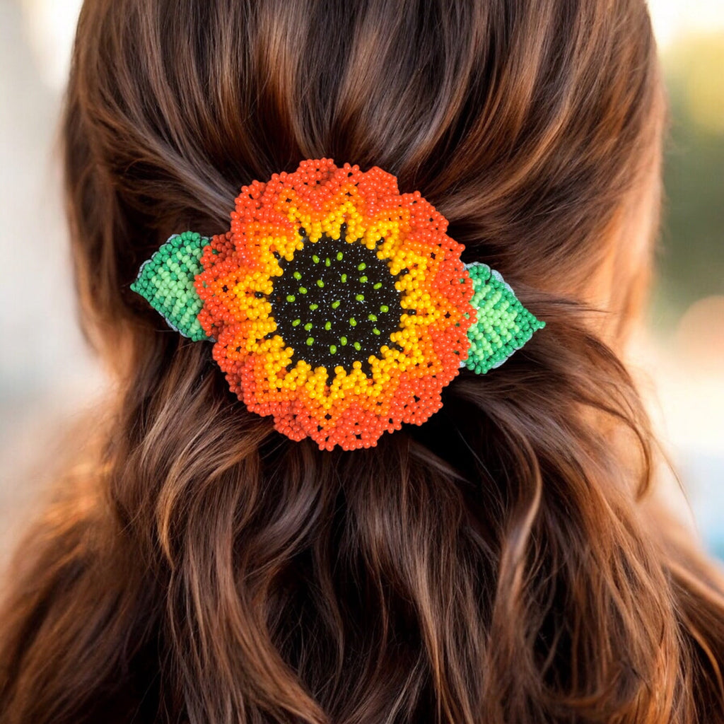 Barrette tournesol perlée faite à la main - Jaune