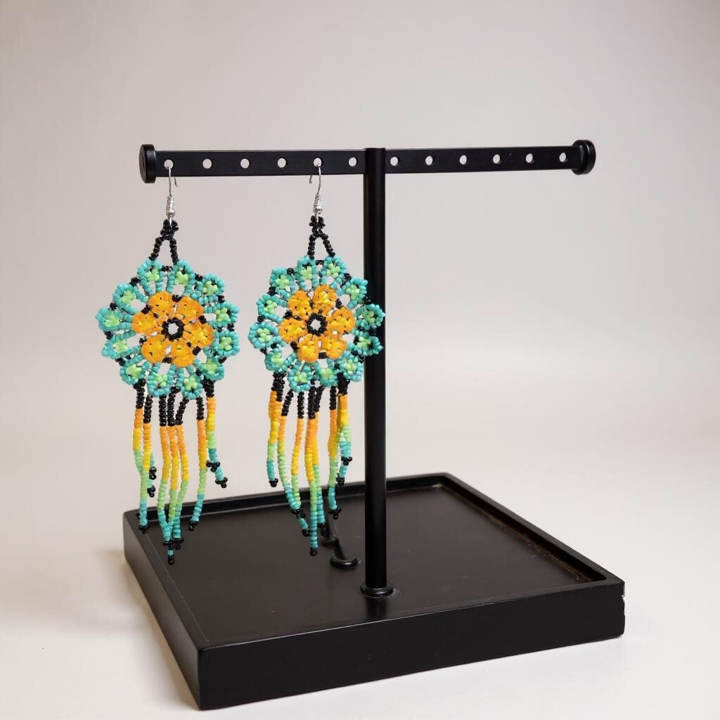 Boucles d'oreilles perlées Fleur jaune vert