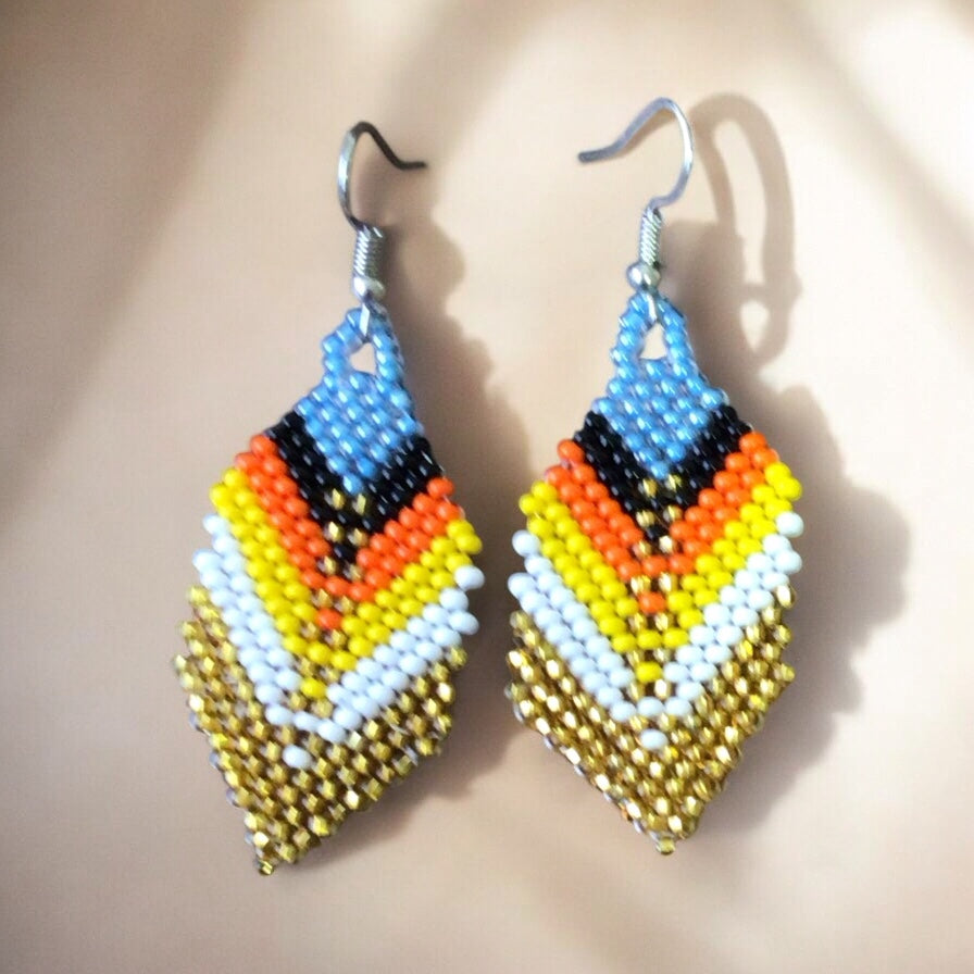 Boucles d'oreilles pendantes à perles et plumes bleu ciel et dorées
