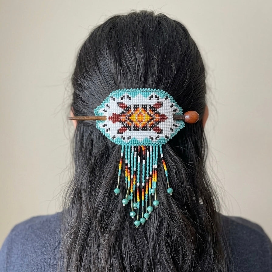 Barrette à franges perlées et tortue en bois