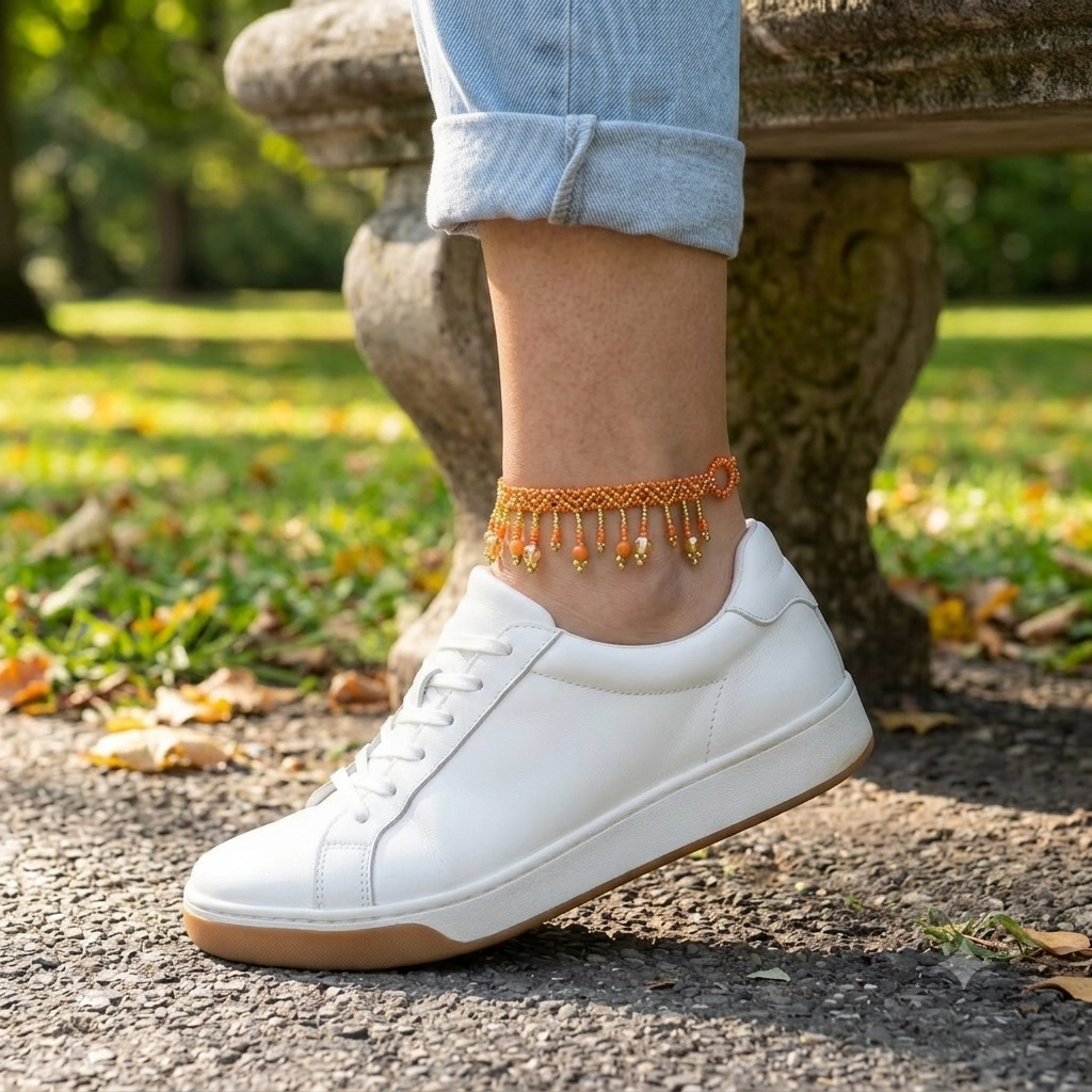 Bracelet de cheville perlé orange