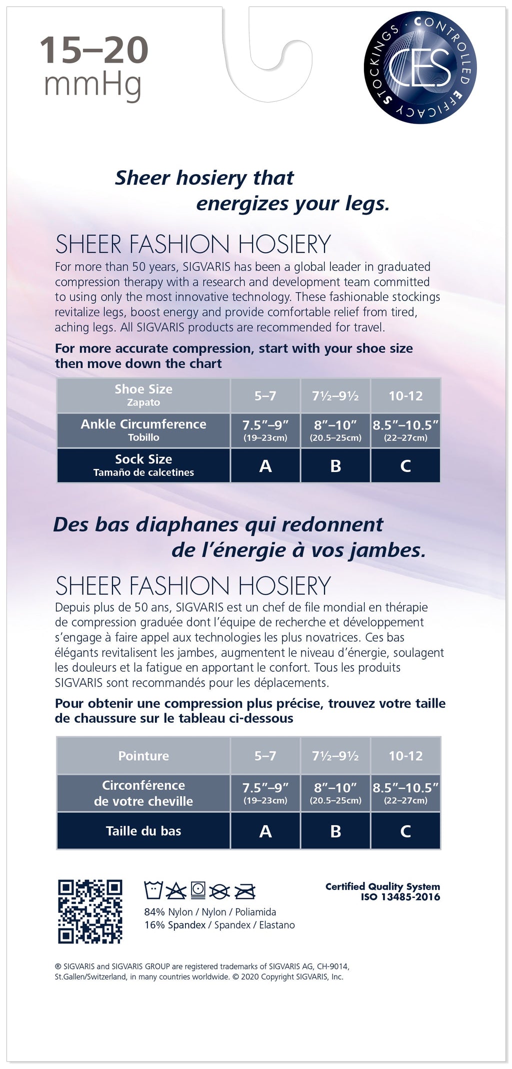 Bas autofixants Sigvaris Femme Voile 15-20mmHg Fermés