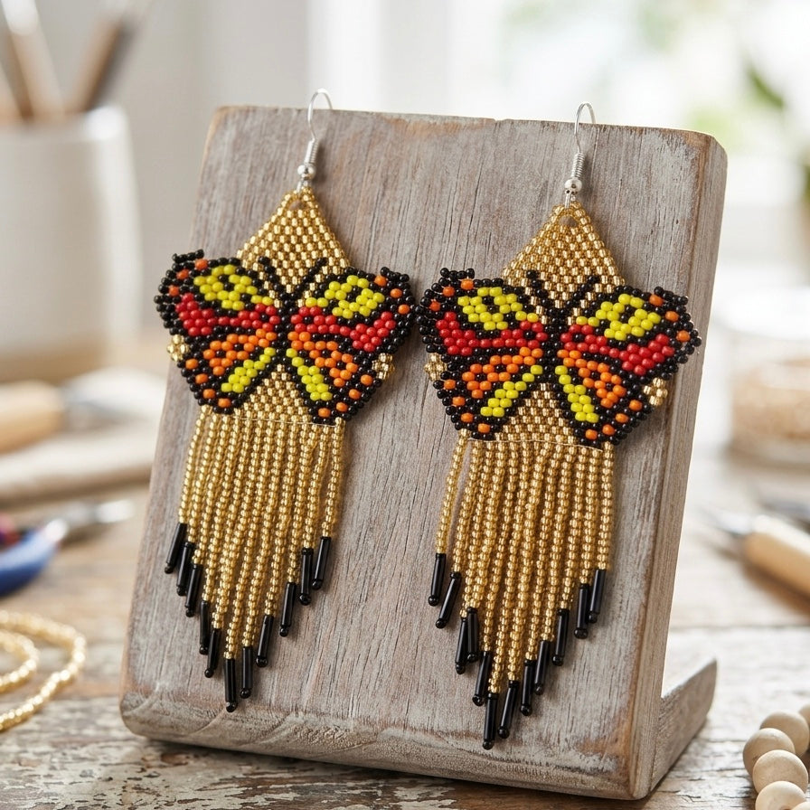Boucles d'oreilles Ailes dansantes perlées dorées