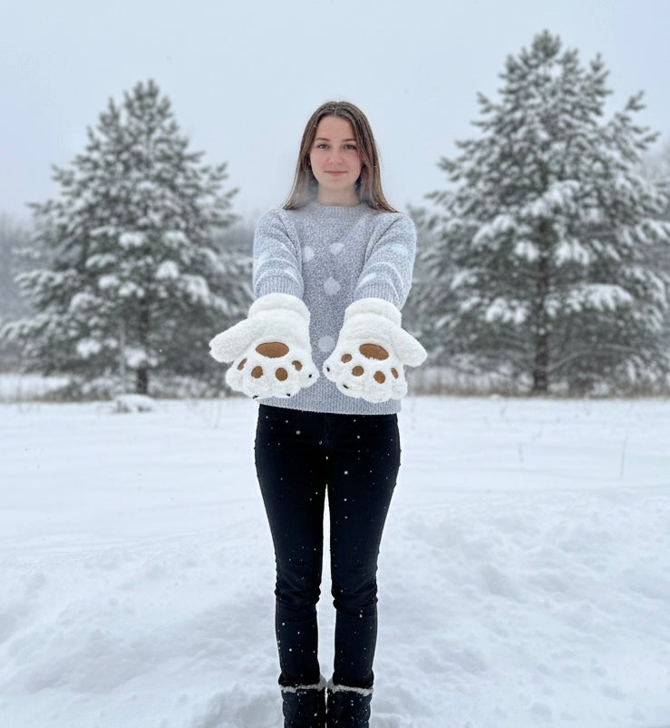 Gants Patte d'Ours en Peluche Douce Blanche