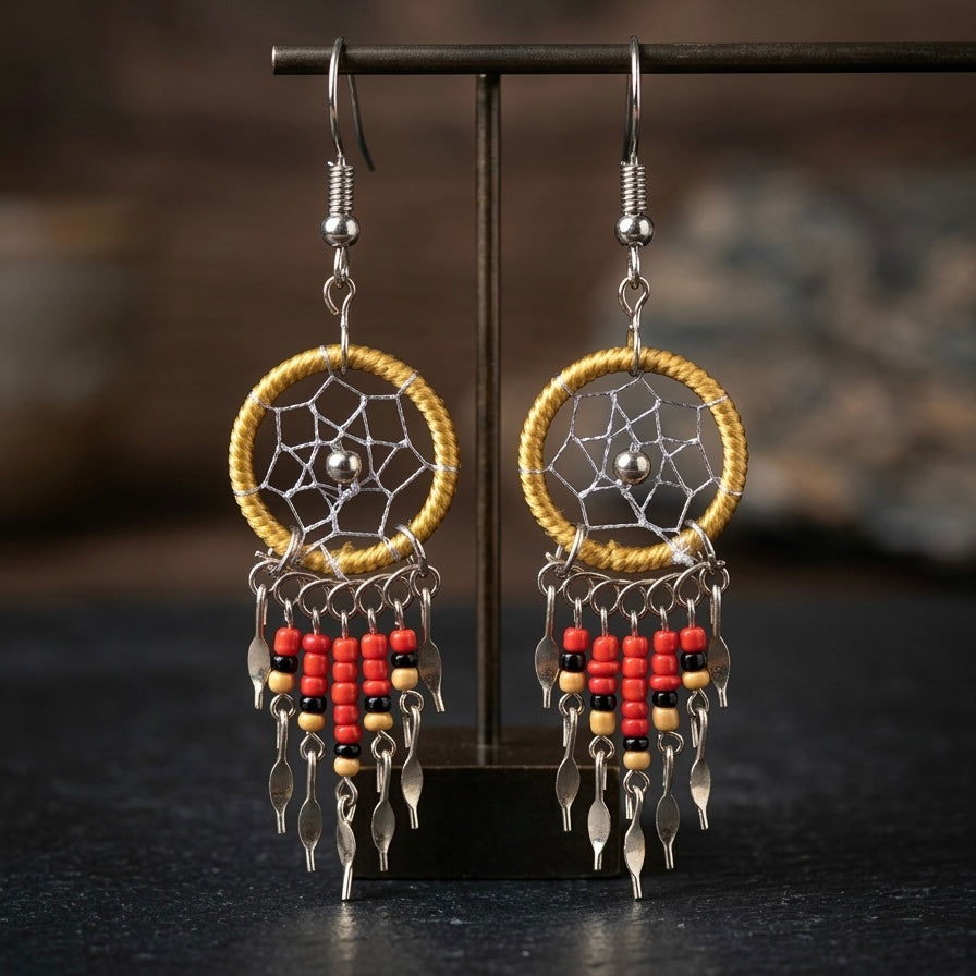 Boucles d'oreilles Attrape-rêves perlées or clair