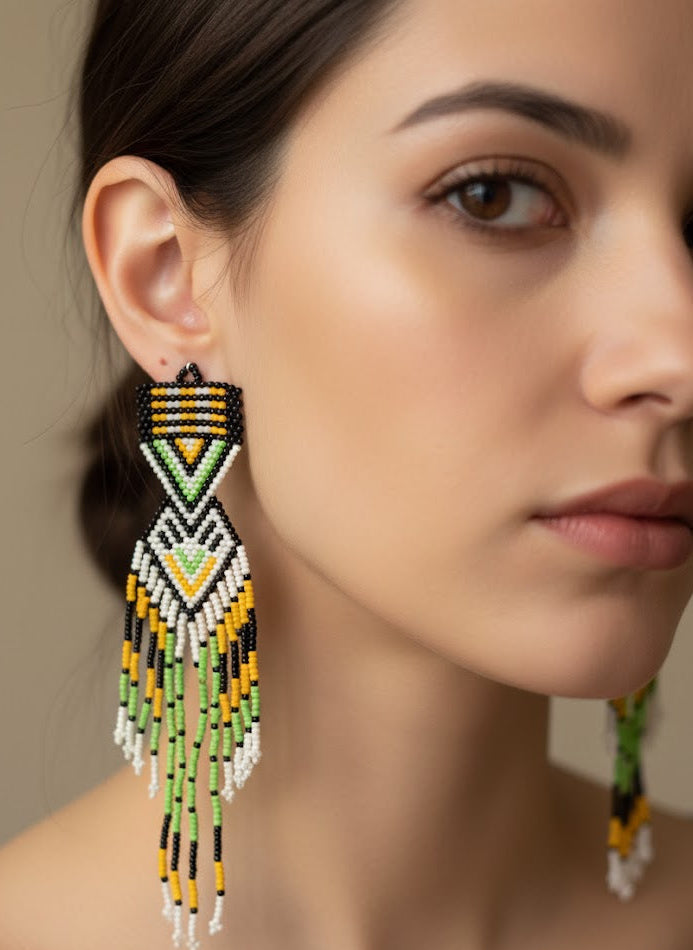 Boucles d'oreilles perlées Chemin au coucher du soleil vert et marron