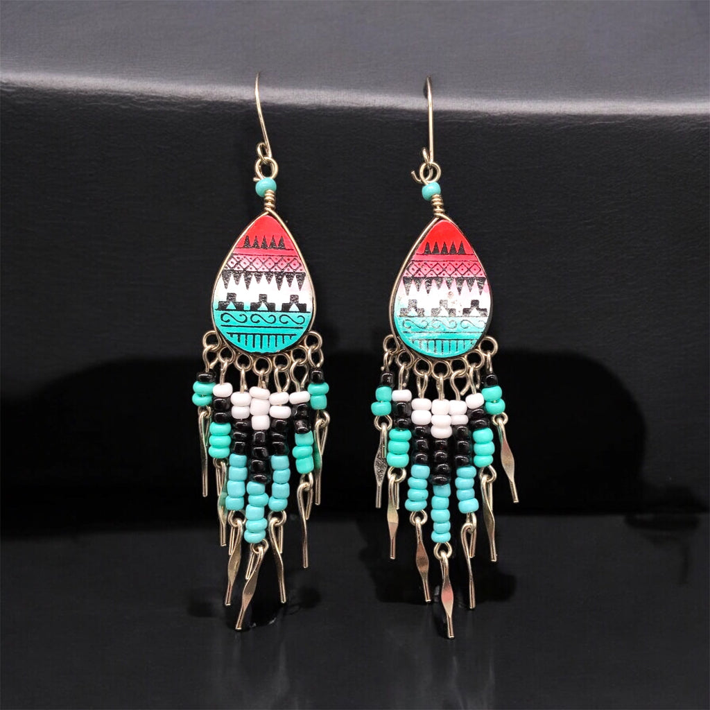 Boucles d'oreilles larmées vieilles tribus de petite taille, rouges et turquoises, de style sud-ouest