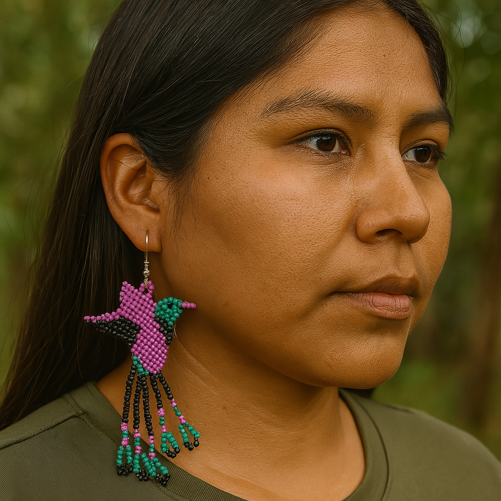 Handmade Beaded Hummingbird Earrings – Pink & Turquoise