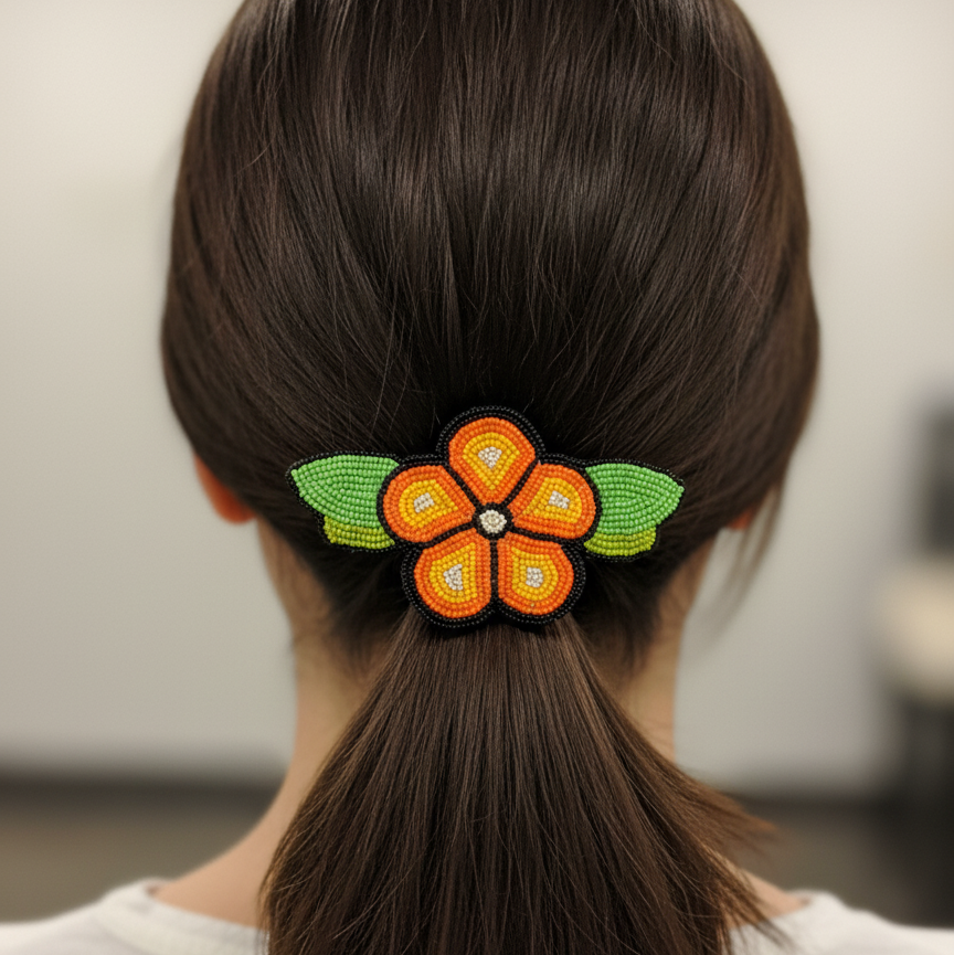 Barrette Fleur Perles Orange et Jaune