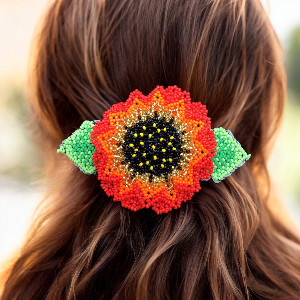 Pince à cheveux tournesol perlée faite main - Dorée