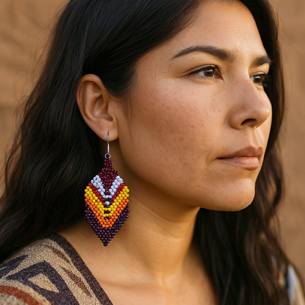 Boucles d'oreilles pendantes en perles et plumes violettes et rouges